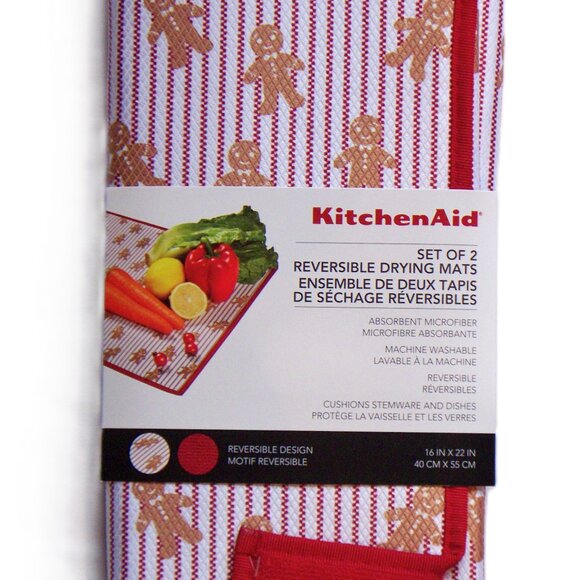 KitchenAid Set of 2 Reversible Drying Mats Gingerbread Man Red Stripes NIP - Picture 1 of 3